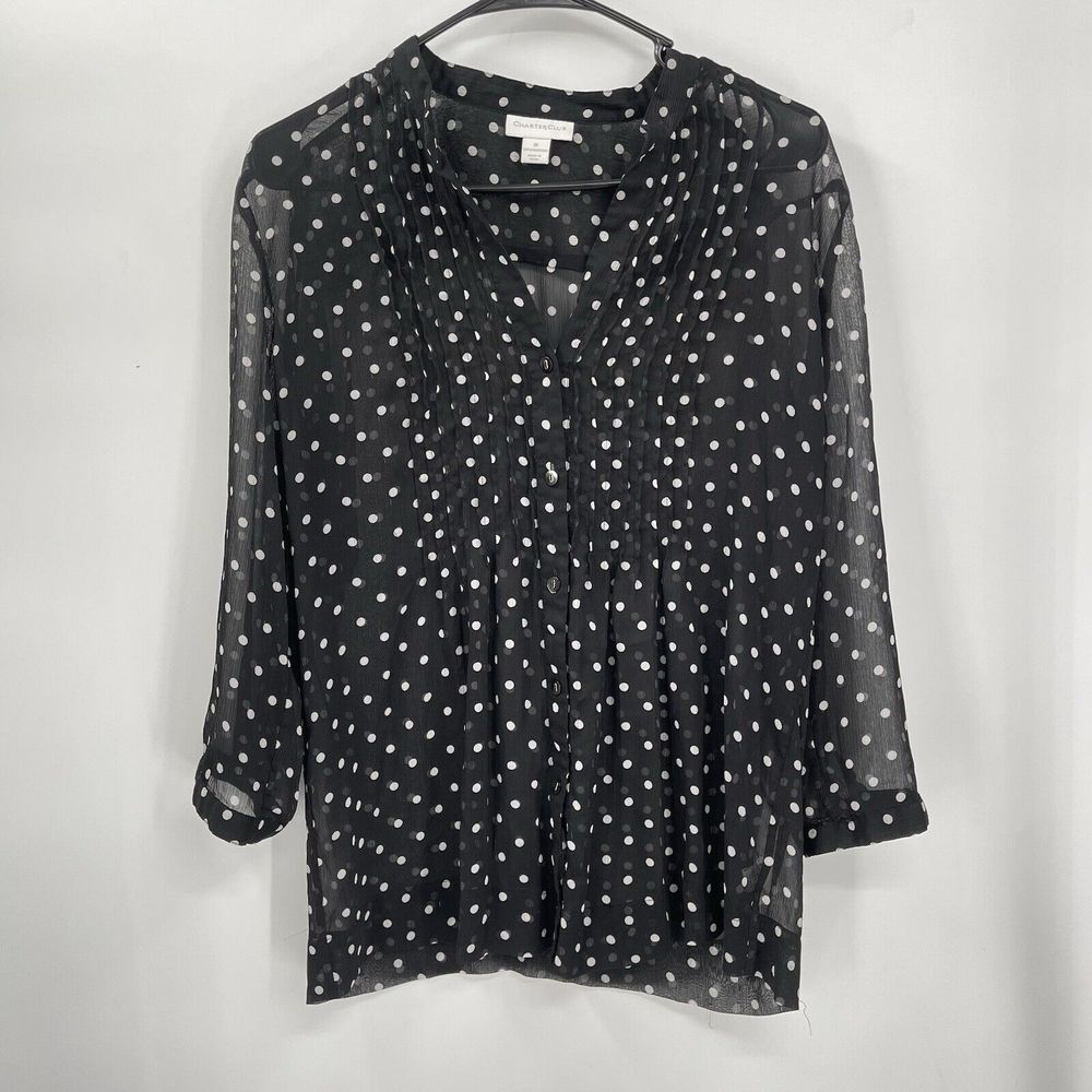Charter Club Medium Blouse Womens Black White Polka Dot Pleated Sheer‎ Button Up